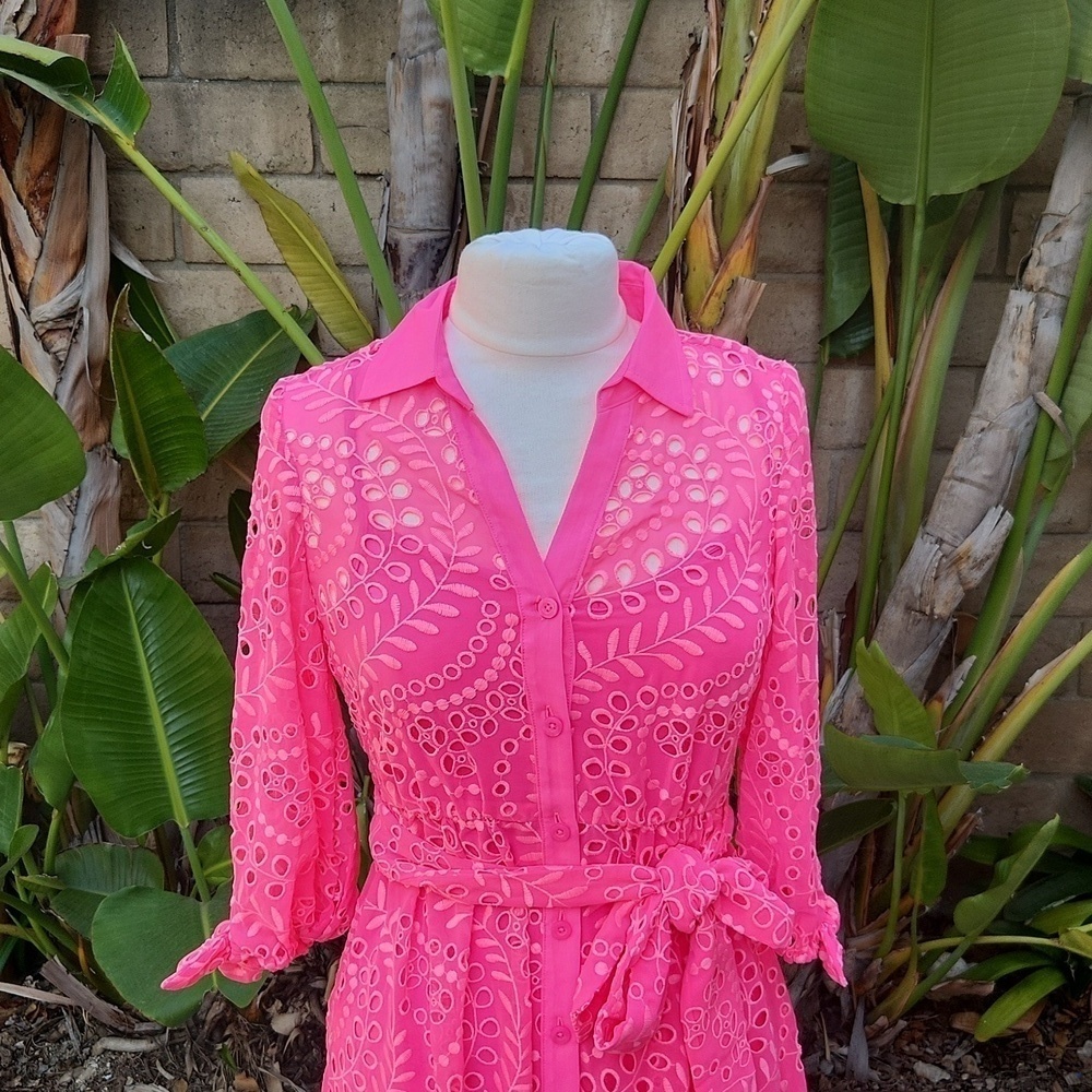 Lilly Pulitzer Amrita Maxi Shirt Dress Hot pink eyelet size 00 010634 - Picture 4 of 12